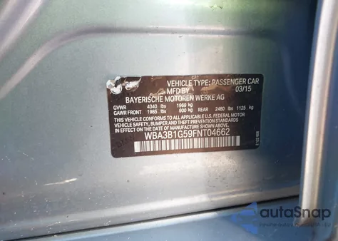 2015 BMW 320I z USA, uszkodzony, nr VIN WBA3B1G59FNT04662